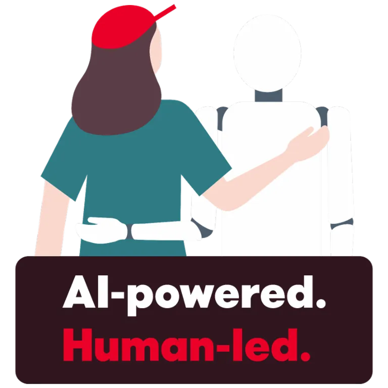 Ilustracija prikazuje osobu koja prijateljski stavlja ruku oko robota. Ispod se nalazi tekst "AI-powered. Human-led.", koji simbolizira saradnju između ljudi i umjetne inteligencije.