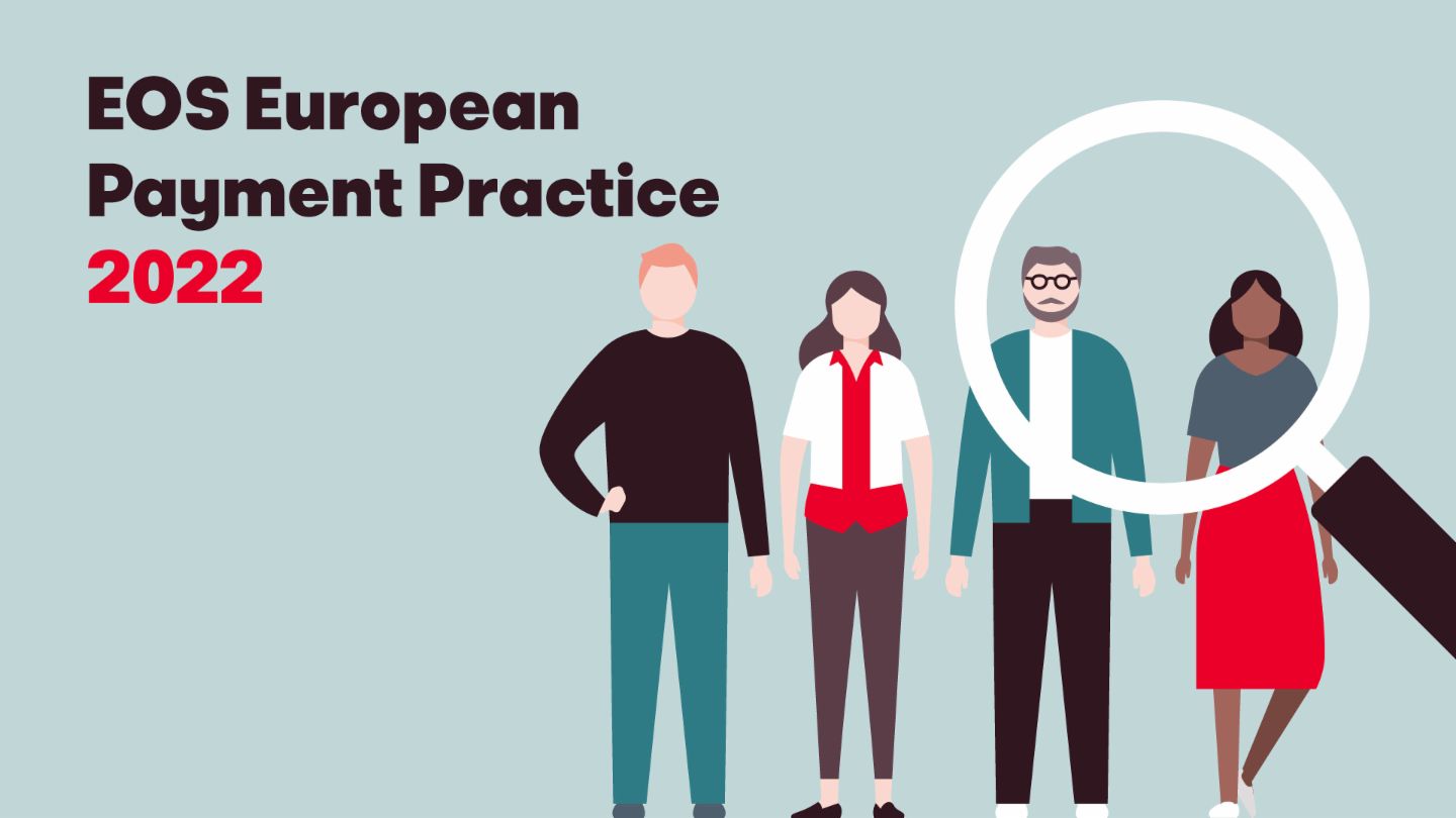 Ilustracija koja prikazuje četiri različite osobe i lupu, uz tekst "European Payment Practise EOS study 2022". Ova slika predstavlja godišnju EOS studiju o evropskom platnom ponašanju i trendovima.