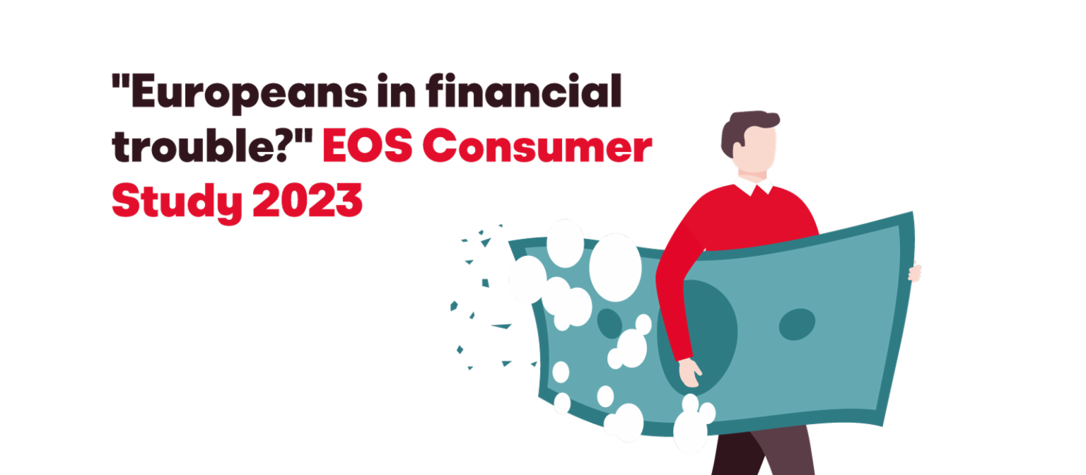 Ilustracija čovjeka koji nosi veliku raspadajuću novčanicu, s tekstom 'Evropljani u finansijskim problemima? EOS Consumer Study 2023'.