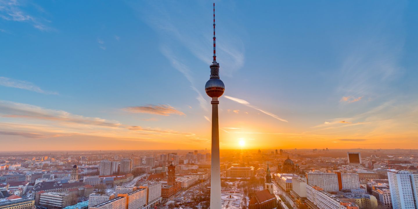Skyline of Berlin with the radio tower at sunset